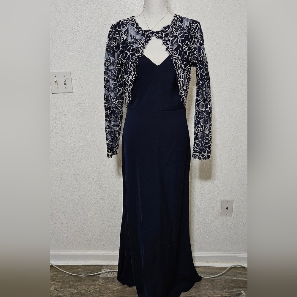 Tadashi Shoji maxi length dress with lace details